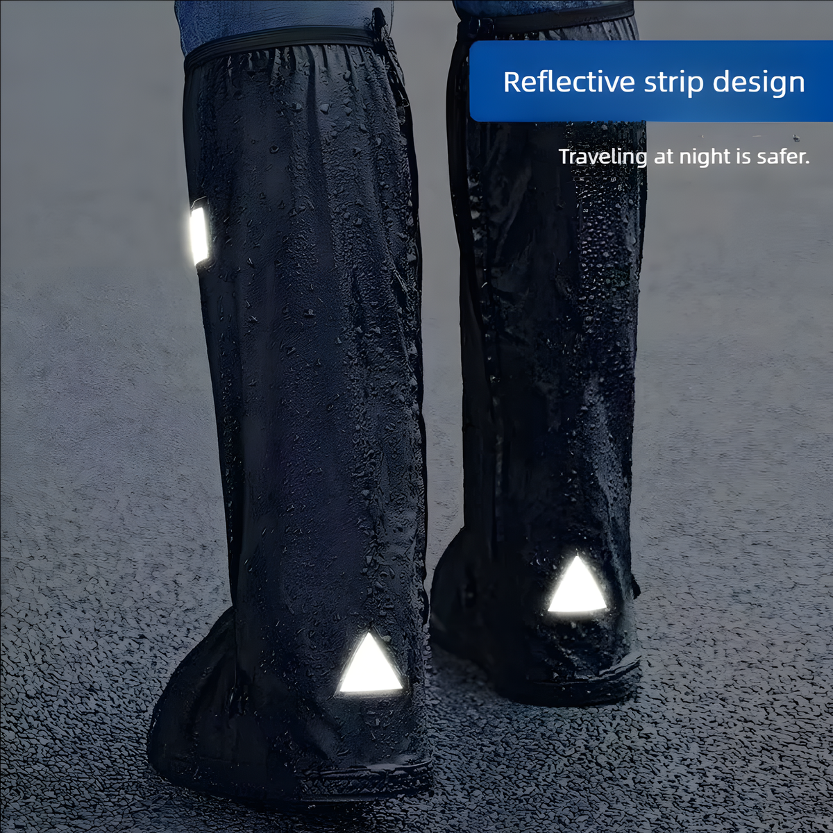 Reflective strips on waterproof shoe covers glowing on wet asphalt